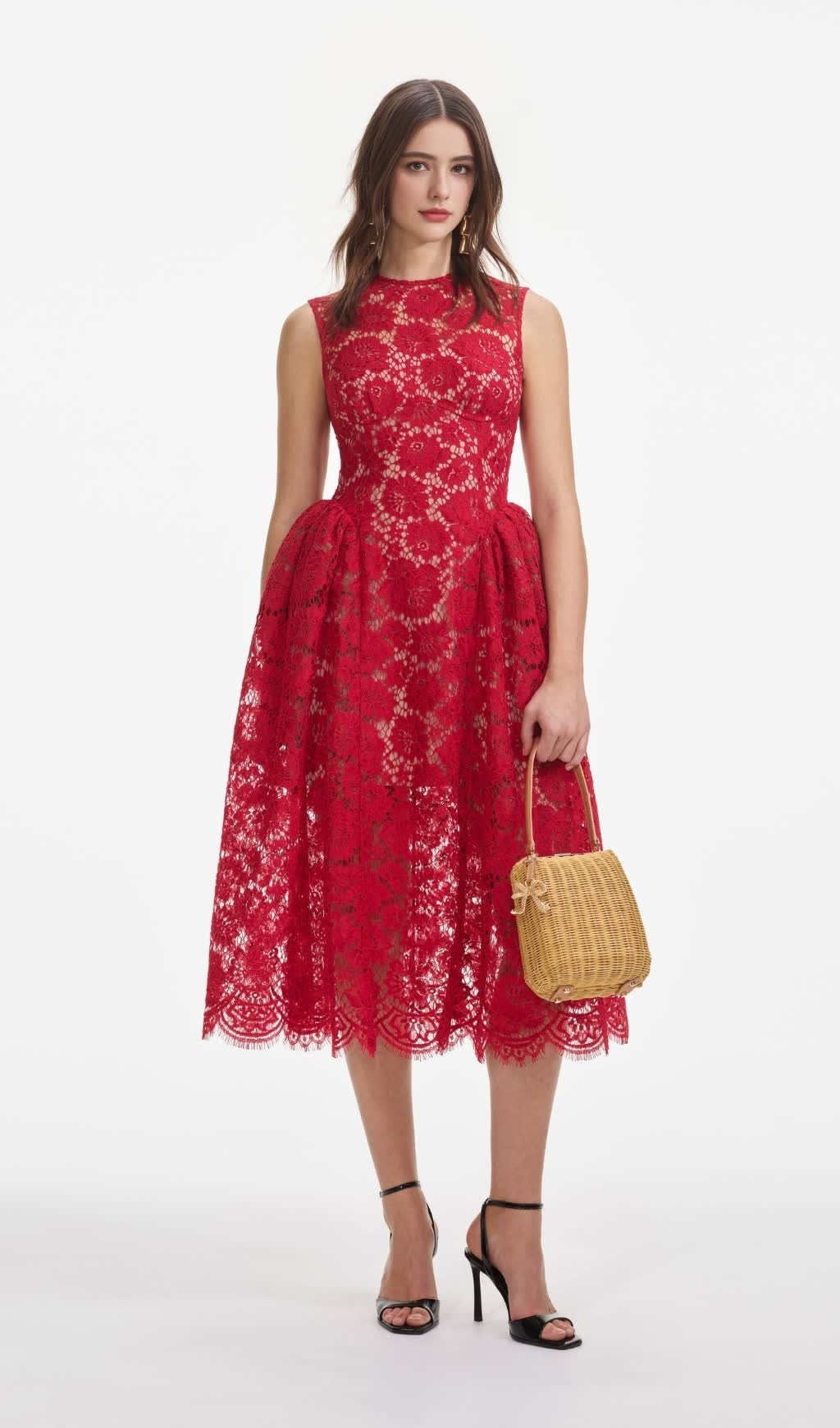 BRENDA LACE HOLLOW MIDI DRESS IN RED