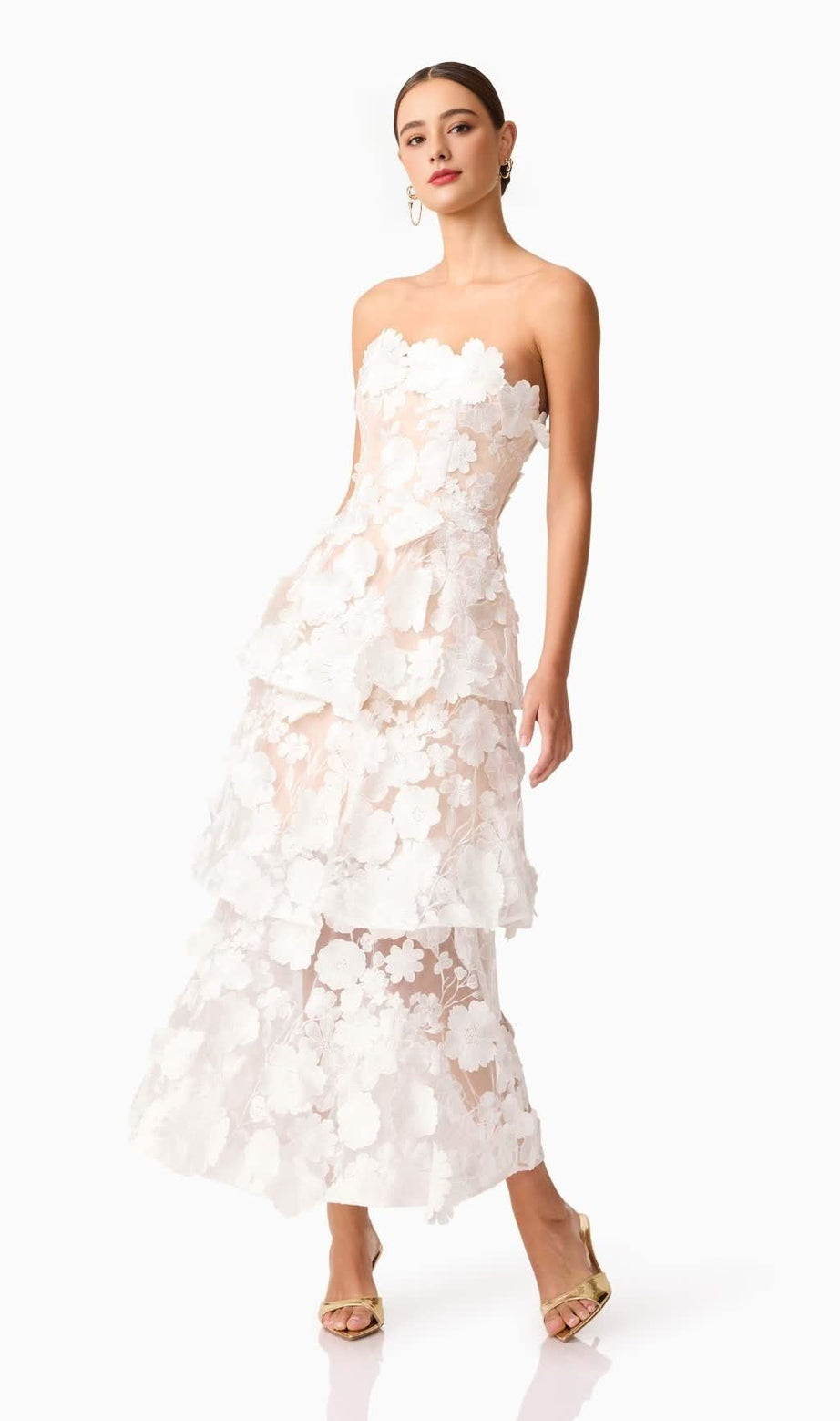 Abito lungo a balze con fiori 3D Selene in bianco