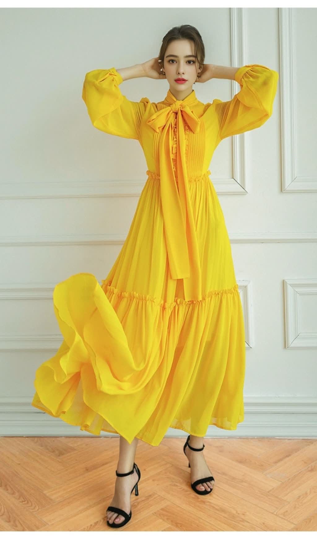 YELLOW LONG-SLEEVED  MAXI DRESS