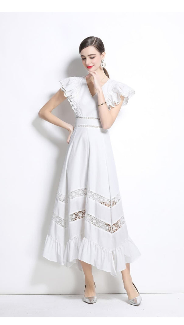 AIIZIE WHITE FLYING - SLEEVE LACE - PANELED MIDI DRESS - product image