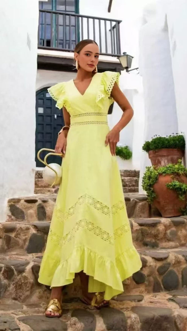 AIIZIE YELLOW FLYING - SLEEVE LACE - PANELED MIDI DRESS - product image