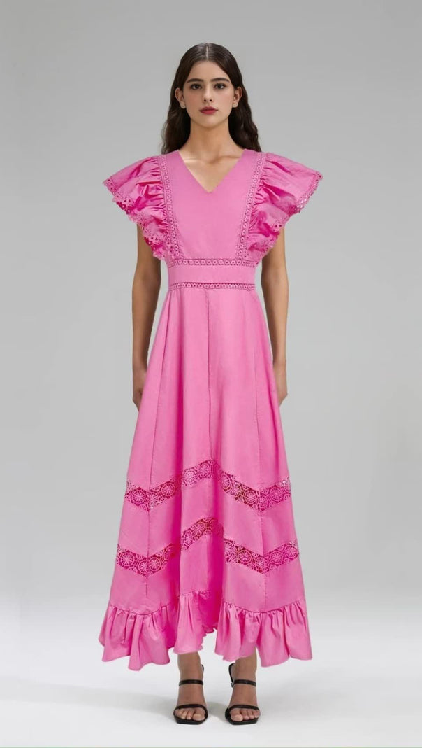 AIIZIE PINK FLYING - SLEEVE LACE - PANELED MIDI DRESS - product image