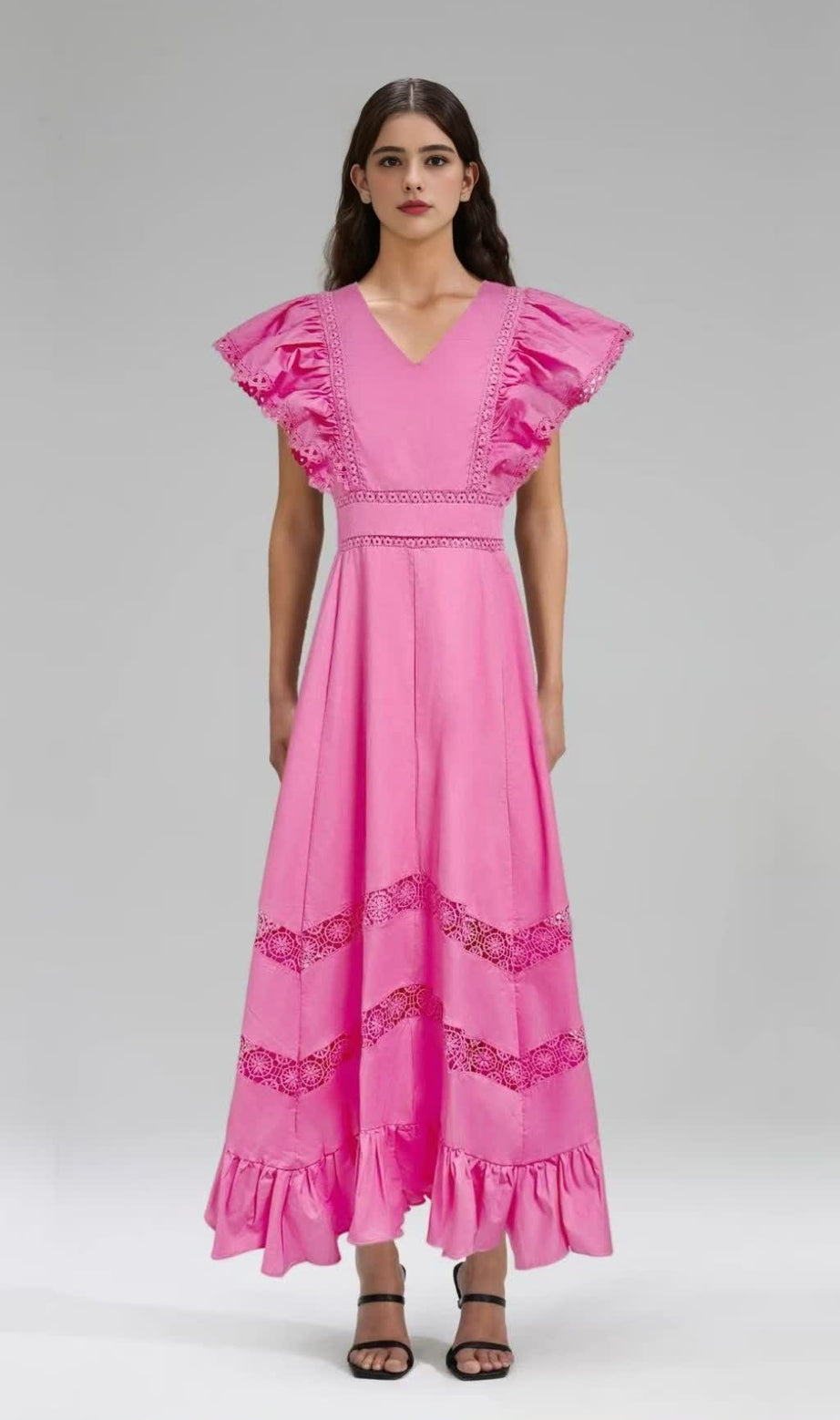 PINK FLYING - SLEEVE LACE - PANELED MIDI DRESS