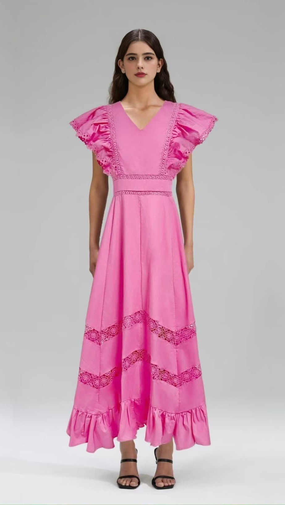 PINK FLYING - ÄRMEL SPITZE - MIDIKLEID MIT EINSÄTZEN