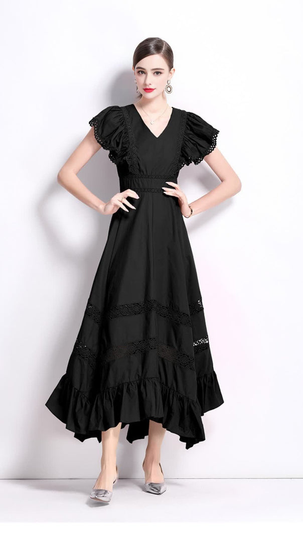 AIIZIE BLACK FLYING - SLEEVE LACE - PANELED MIDI DRESS - product image