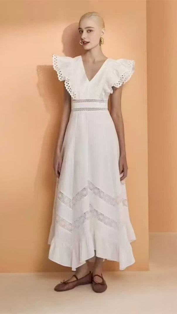 AIIZIE WHITE FLYING - SLEEVE LACE - PANELED MIDI DRESS - product image