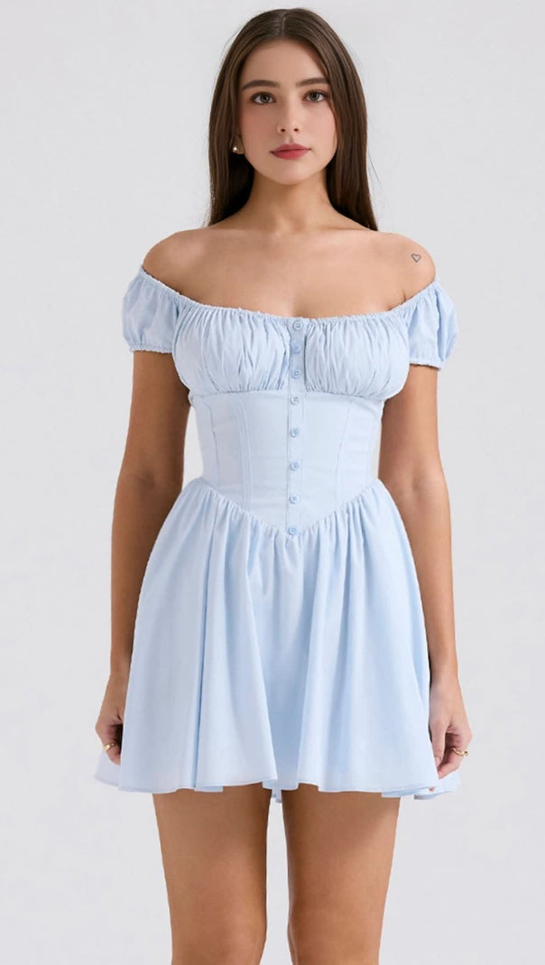 AIIZIE BABY BLUE GATHERED MINI DRESS - product image