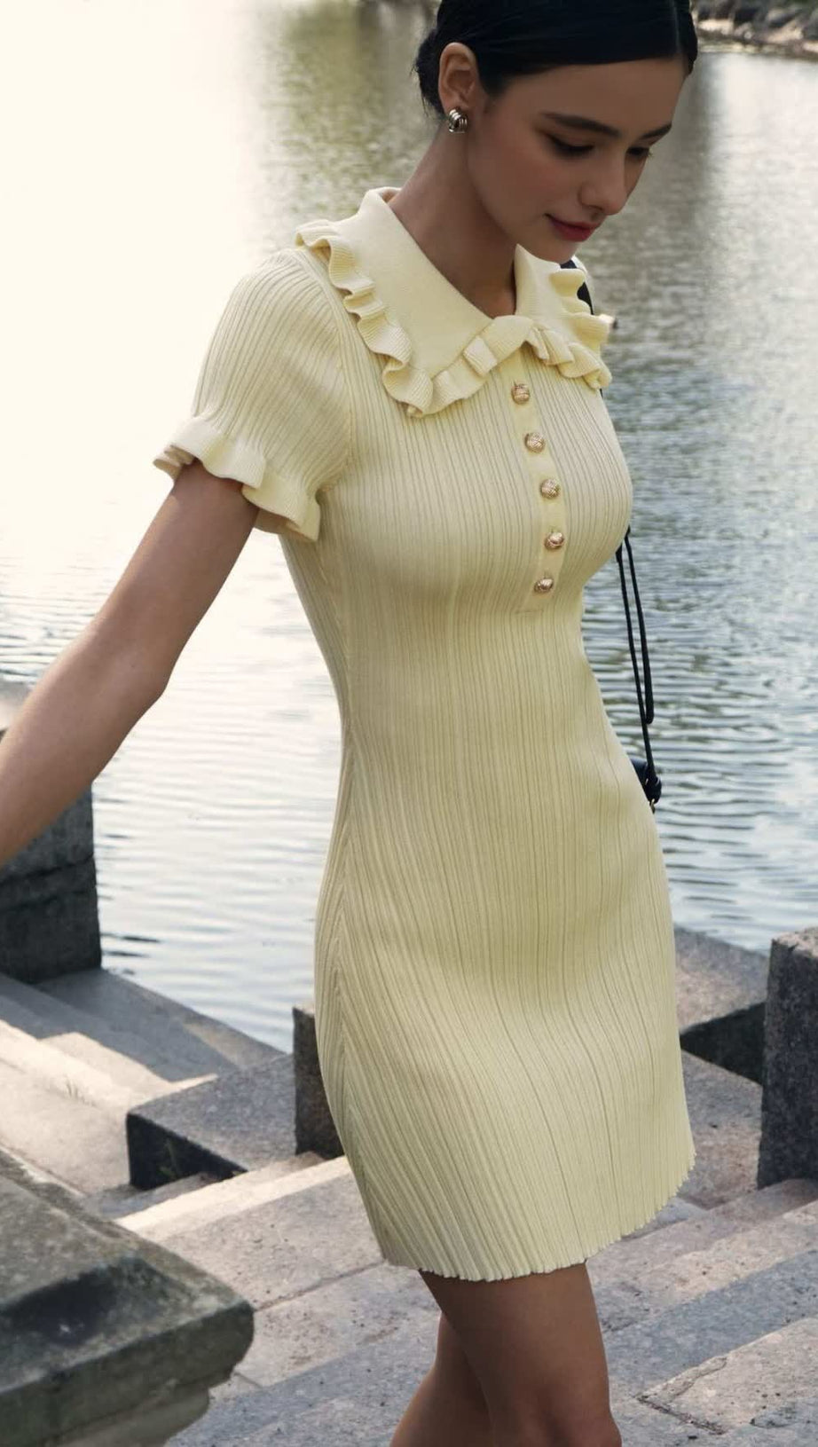 YELLOW RUFFLED KNITTED MINI DRESS