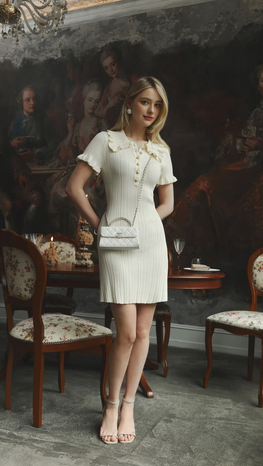 WHITE RUFFLED KNITTED MINI DRESS