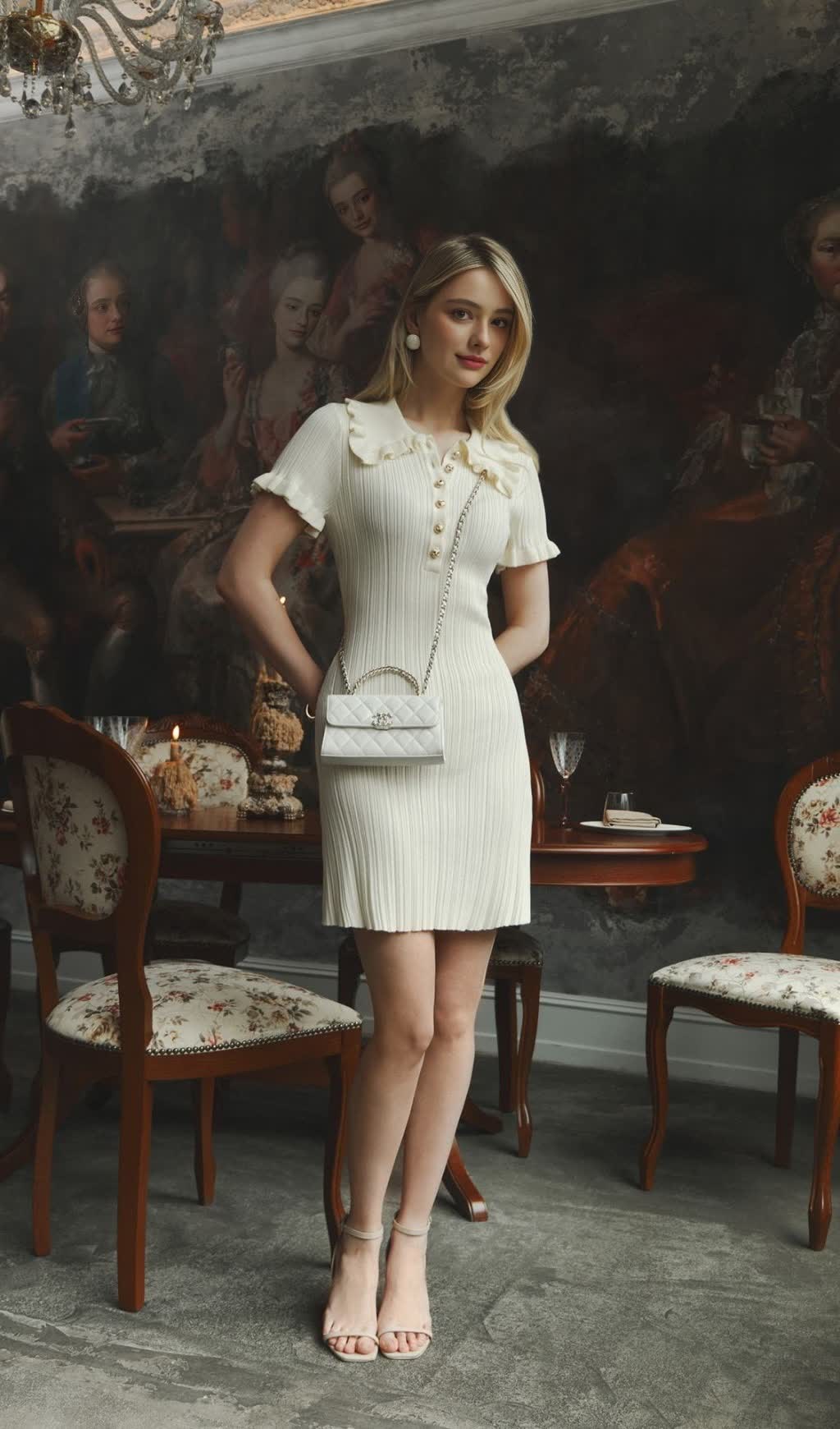 WHITE RUFFLED KNITTED MINI DRESS