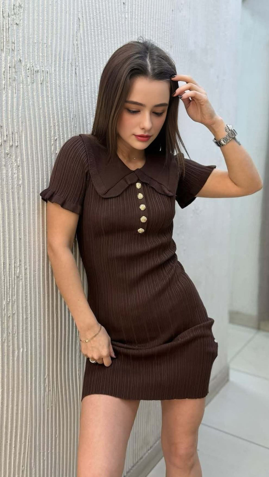 COFFEE RUFFLED KNITTED MINI DRESS