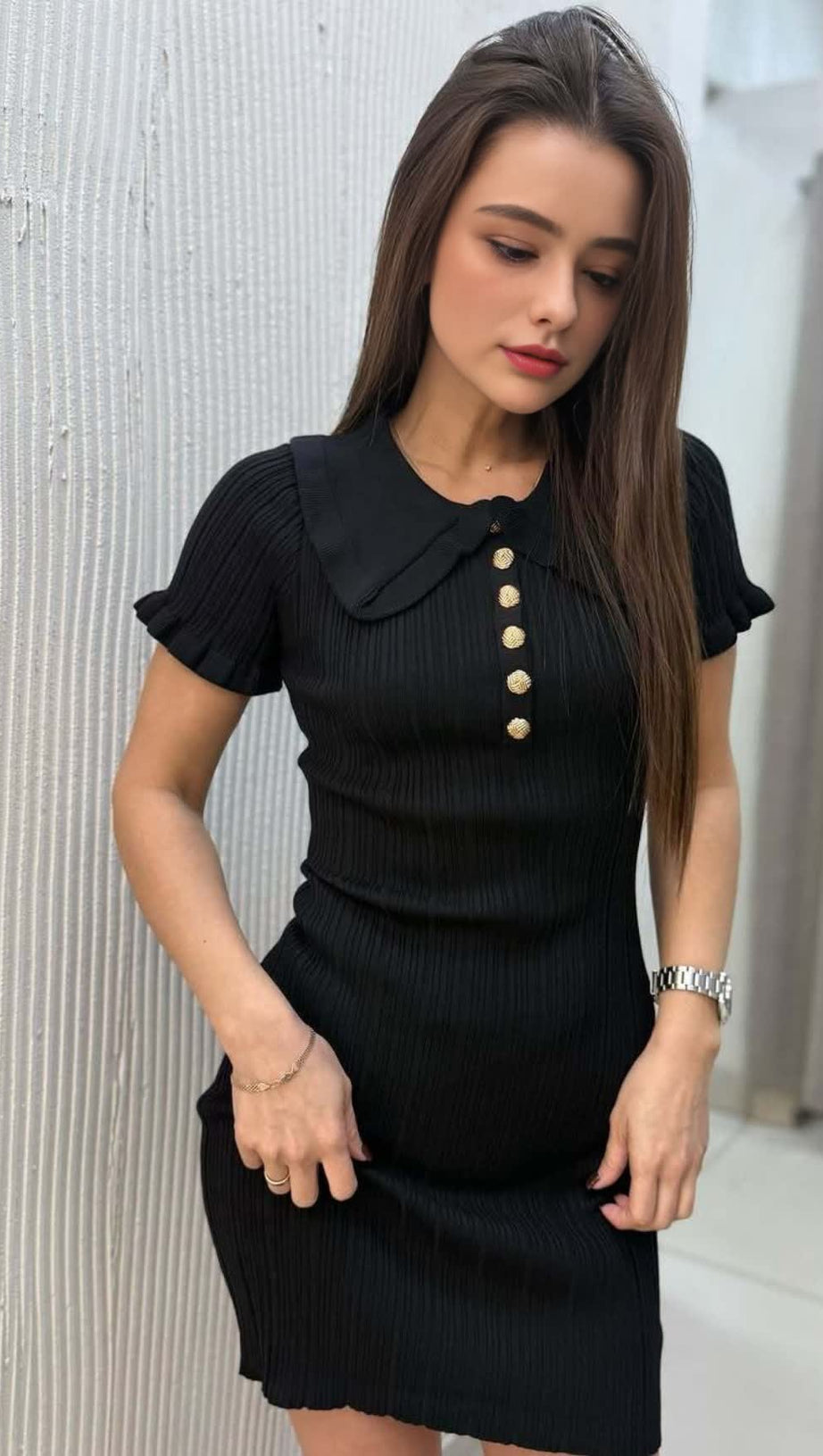 BLACK RUFFLED KNITTED MINI DRESS