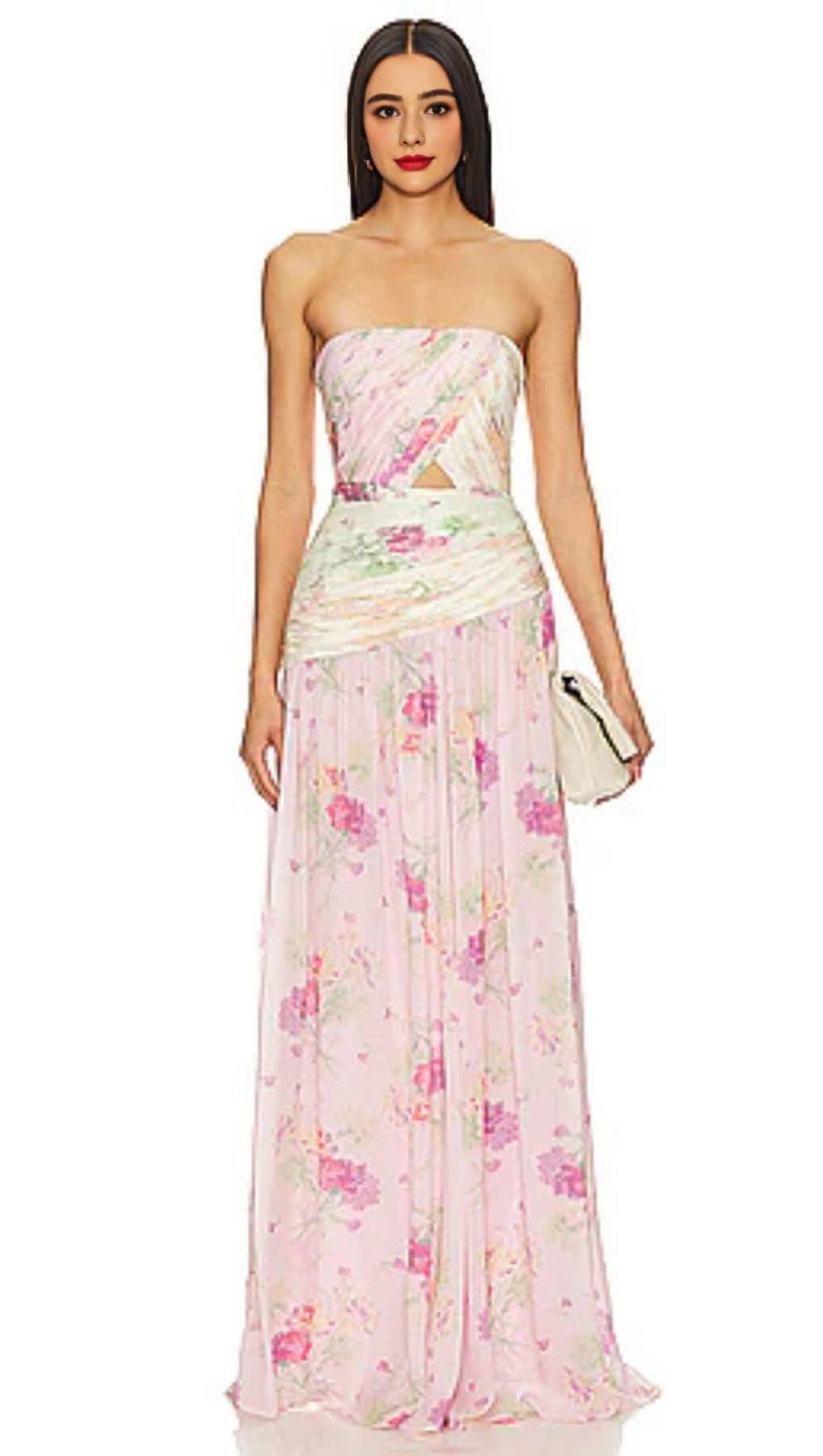 PINTIL STRAPLESS PLEATED FLORAL MAXI DRESS IN MULTI