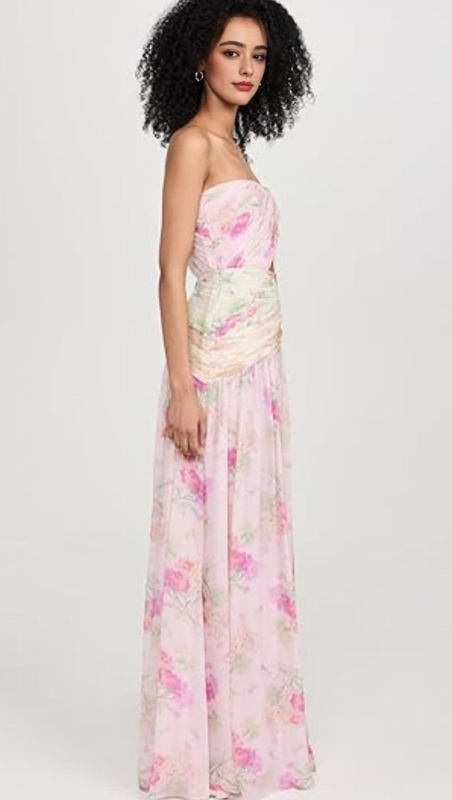 PINTIL STRAPLESS PLEATED FLORAL MAXI DRESS IN MULTI