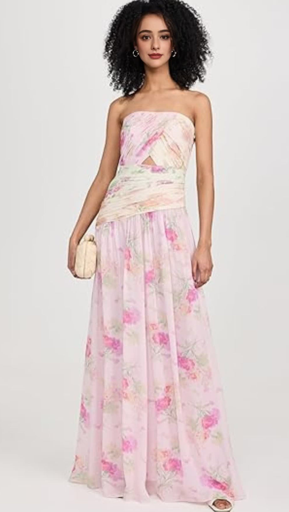 PINTIL STRAPLESS PLEATED FLORAL MAXI DRESS IN MULTI