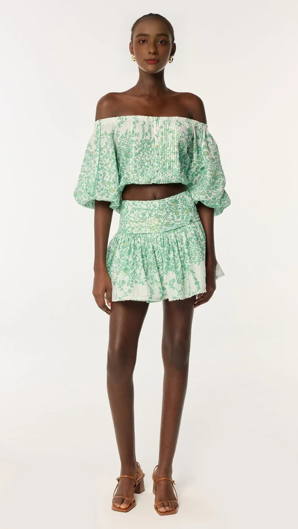 AIIZIE OFF-SHOULDER FLORAL PRINT MINI SKIRT SET IN GREEN - product image