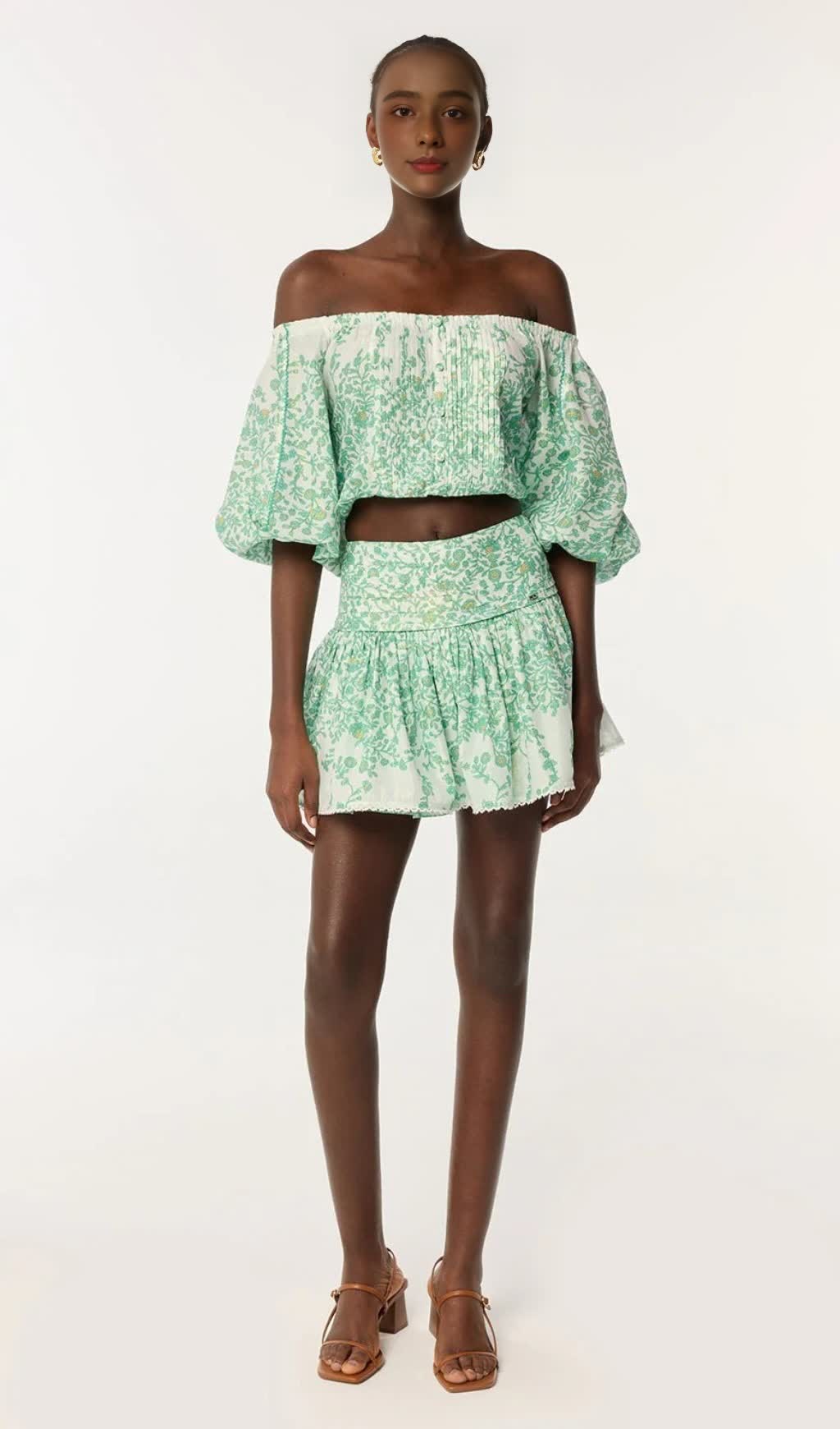 OFF-SHOULDER FLORAL PRINT MINI SKIRT SET IN GREEN