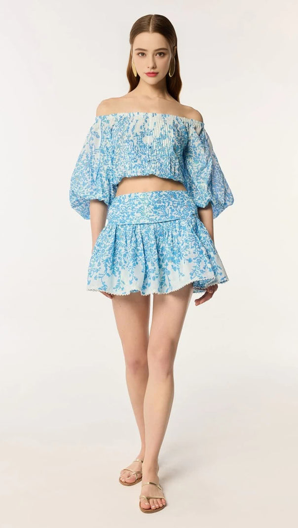 AIIZIE OFF-SHOULDER FLORAL PRINT MINI SKIRT SET IN BLUE - product image