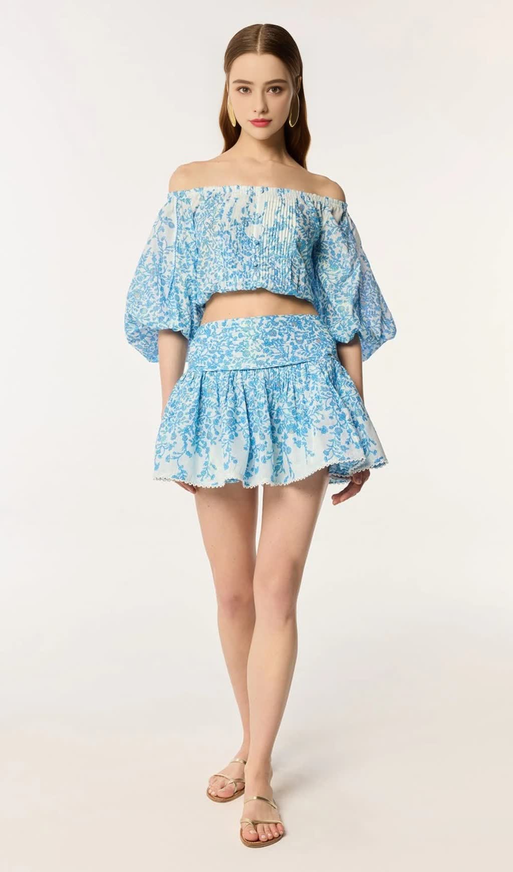 OFF-SHOULDER FLORAL PRINT MINI SKIRT SET IN BLUE