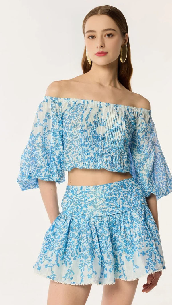 AIIZIE OFF-SHOULDER FLORAL PRINT MINI SKIRT SET IN BLUE - product image