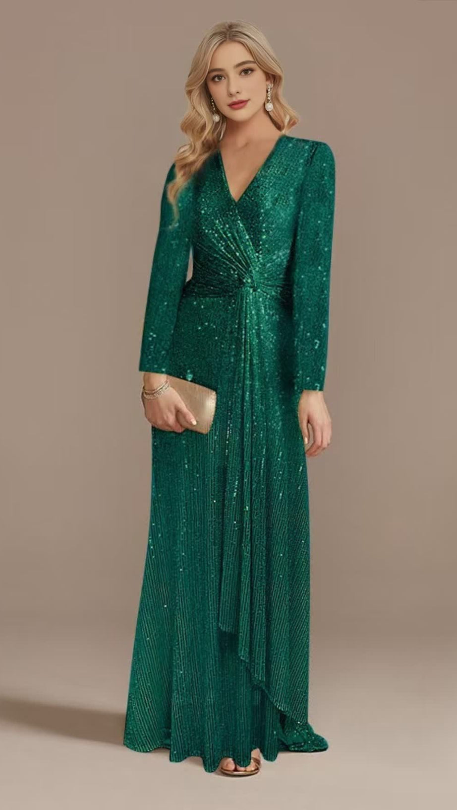 GREEN SEQUINNED LONG - SLEEVED V - NECK MAXI DRESS