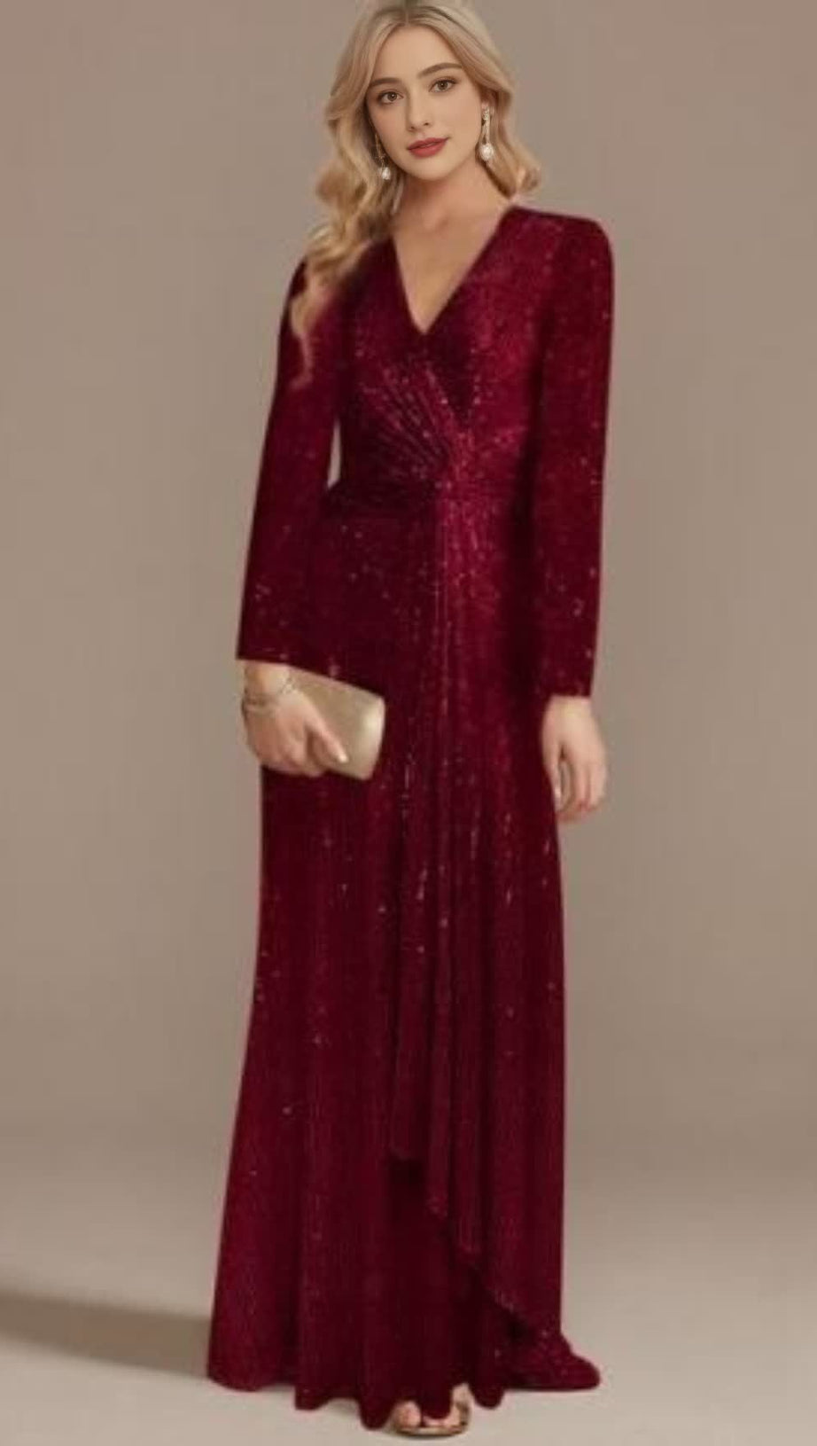 WINE RED SEQUINNED LONG - SLEEVED V - NECK MAXI DRESS