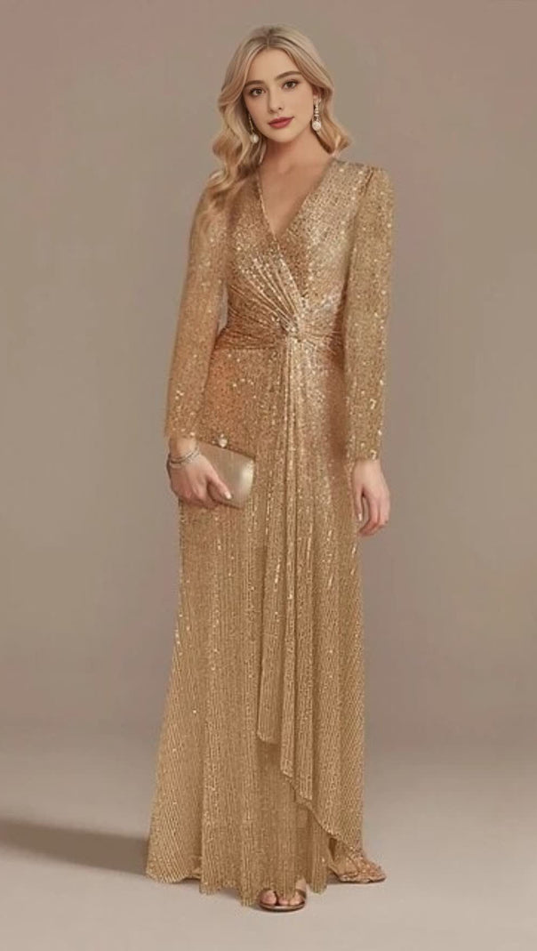 AIIZIE CHAMPAGEN SEQUINNED LONG - SLEEVED V - NECK MAXI DRESS - product image
