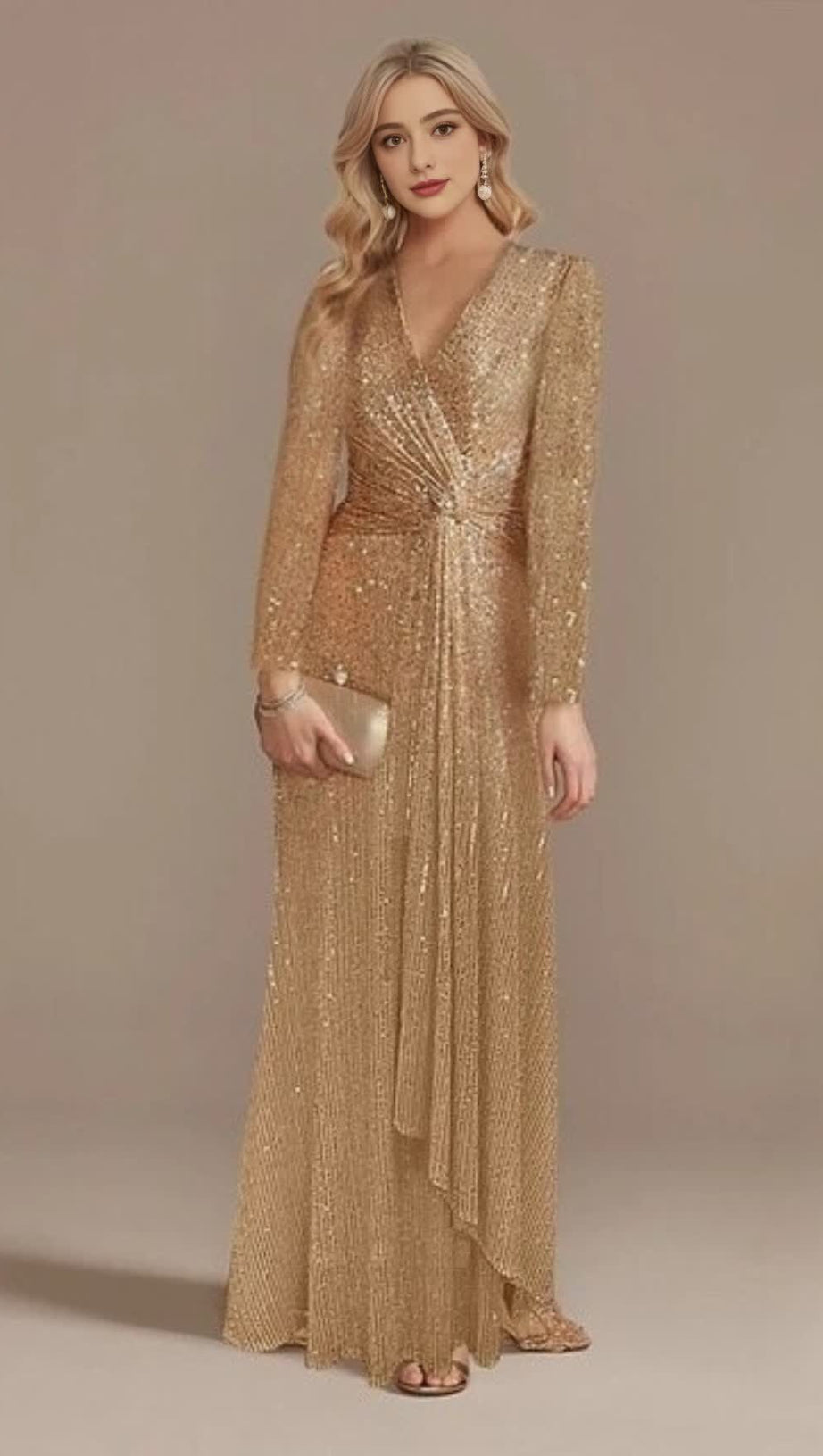 CHAMPAGEN SEQUINNED LONG - SLEEVED V - NECK MAXI DRESS