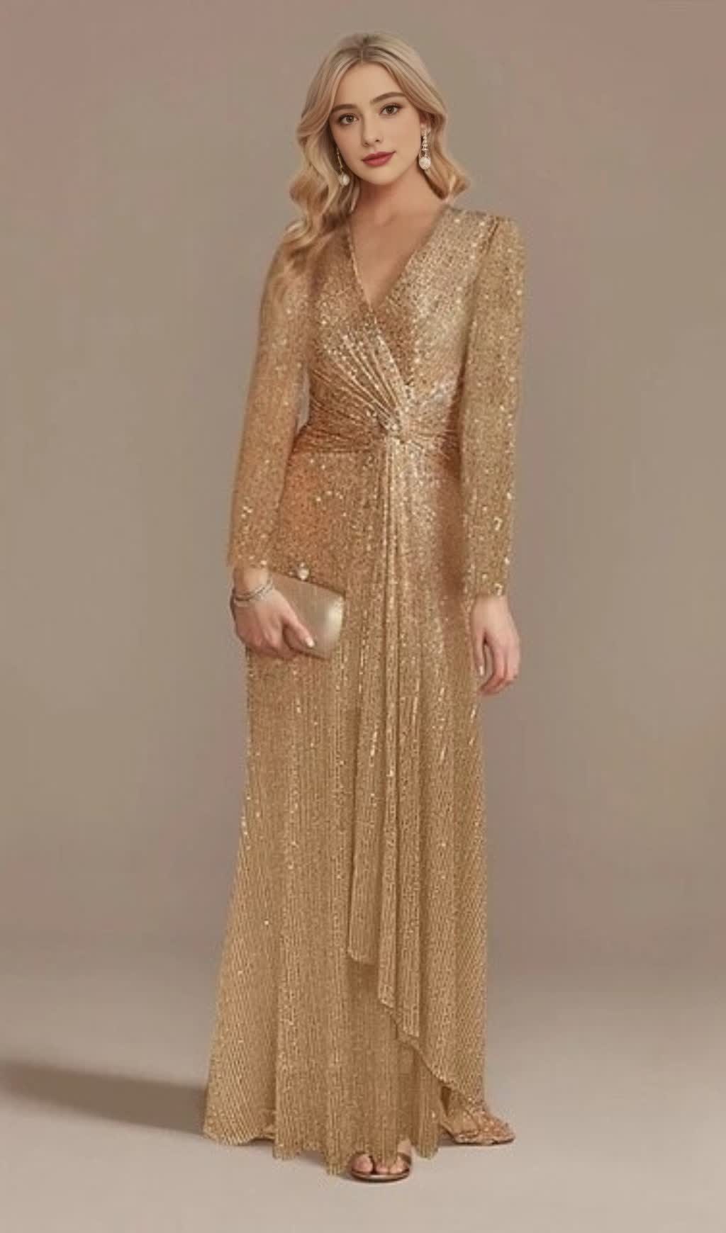 CHAMPAGEN SEQUINNED LONG - SLEEVED V - NECK MAXI DRESS