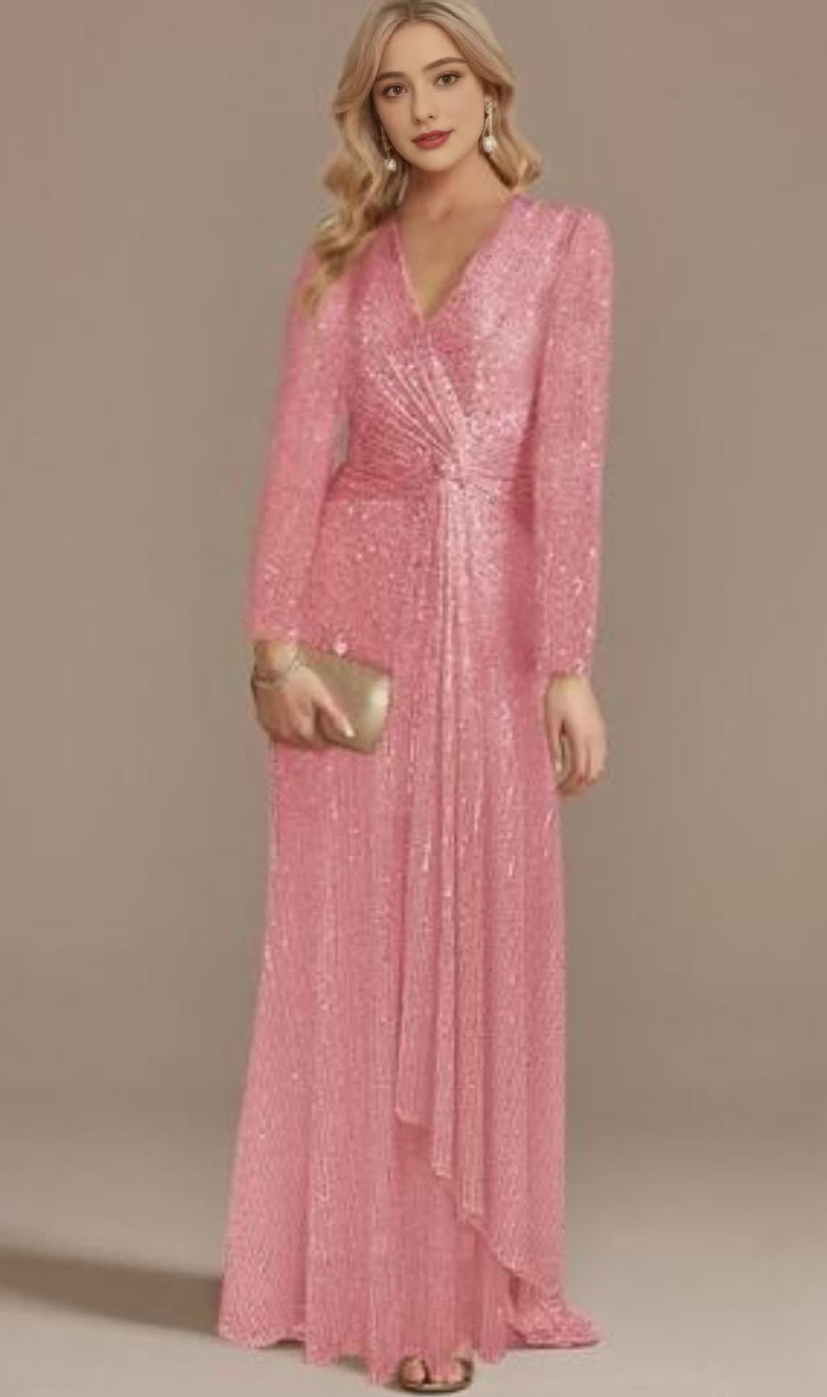 PINK SEQUINNED LONG - SLEEVED V - NECK MAXI DRESS