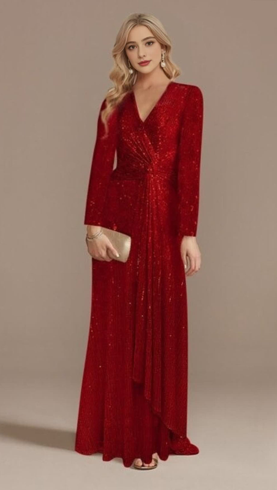RED SEQUINNED LONG - SLEEVED V - NECK MAXI DRESS