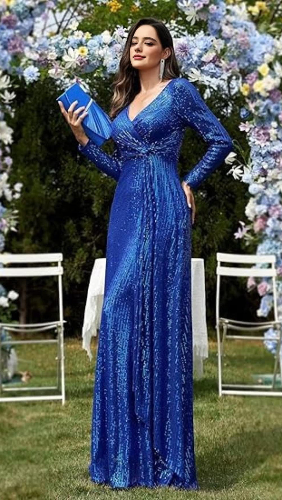BLUE SEQUINNED LONG - SLEEVED V - NECK MAXI DRESS