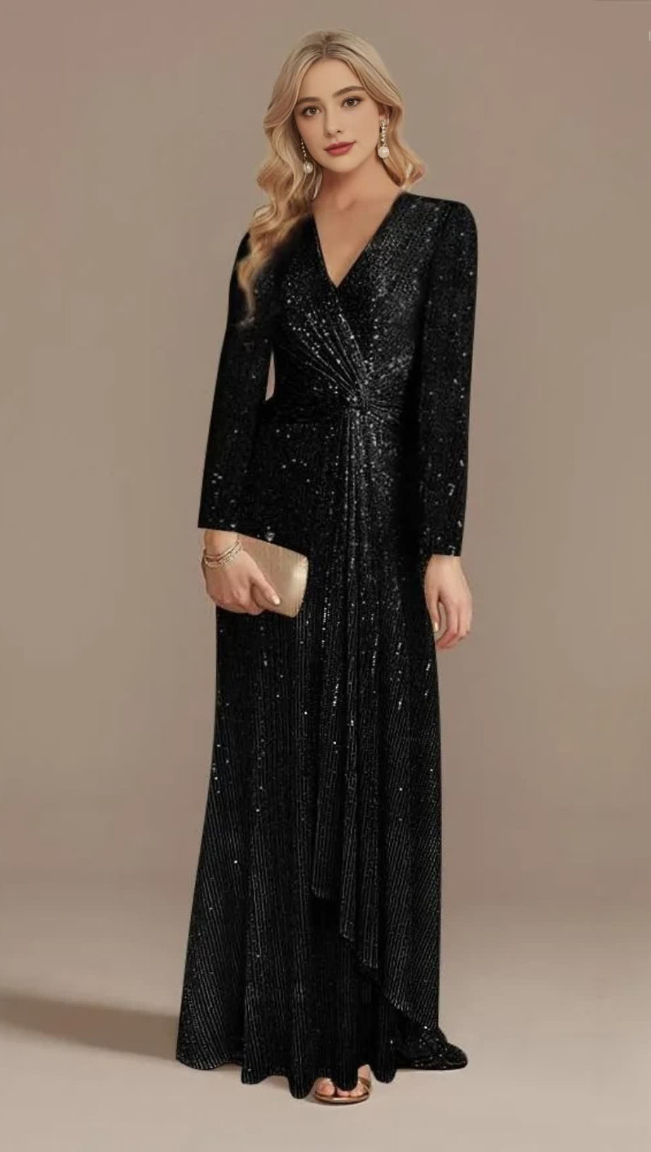 BLACK SEQUINNED LONG - SLEEVED V - NECK MAXI DRESS