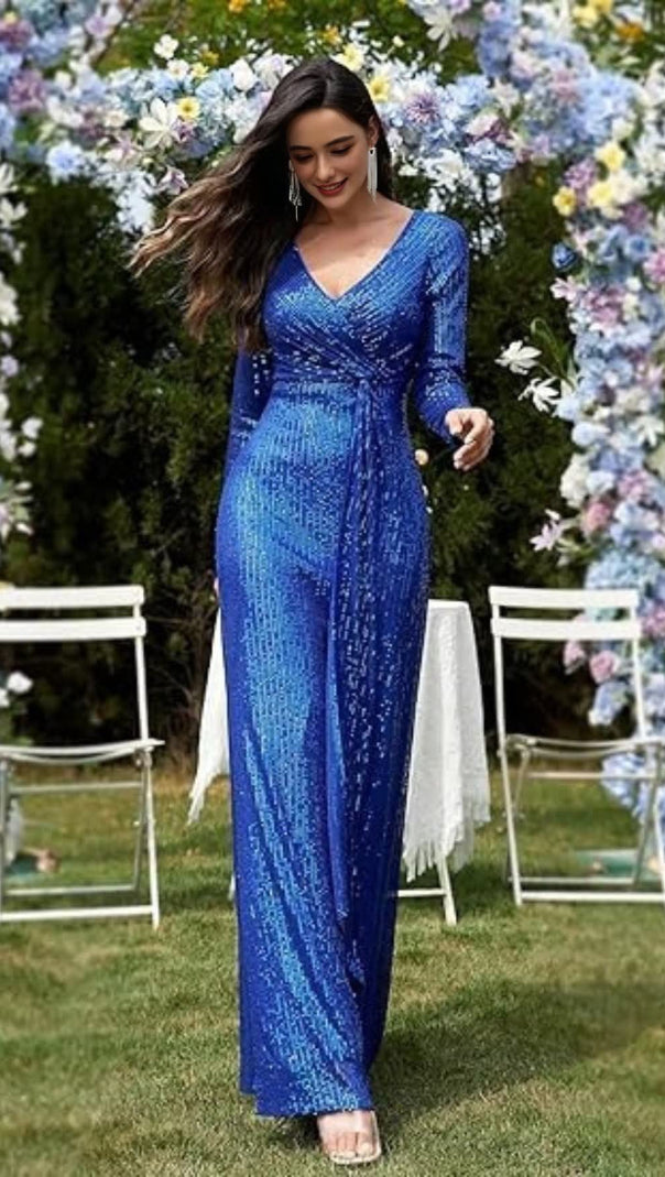 AIIZIE BLUE SEQUINNED LONG - SLEEVED V - NECK MAXI DRESS - product image