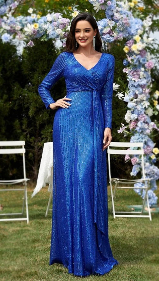 AIIZIE BLUE SEQUINNED LONG - SLEEVED V - NECK MAXI DRESS - product image