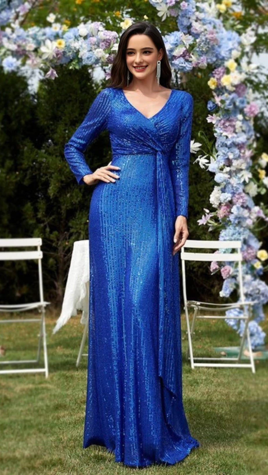 BLUE SEQUINNED LONG - SLEEVED V - NECK MAXI DRESS