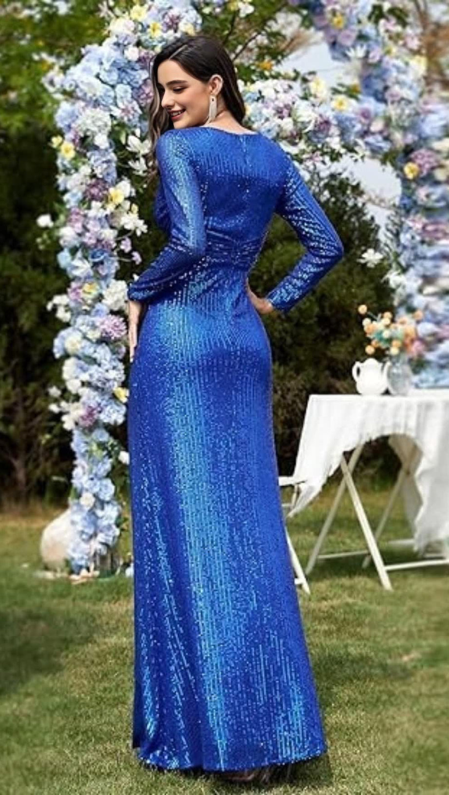 BLUE SEQUINNED LONG - SLEEVED V - NECK MAXI DRESS