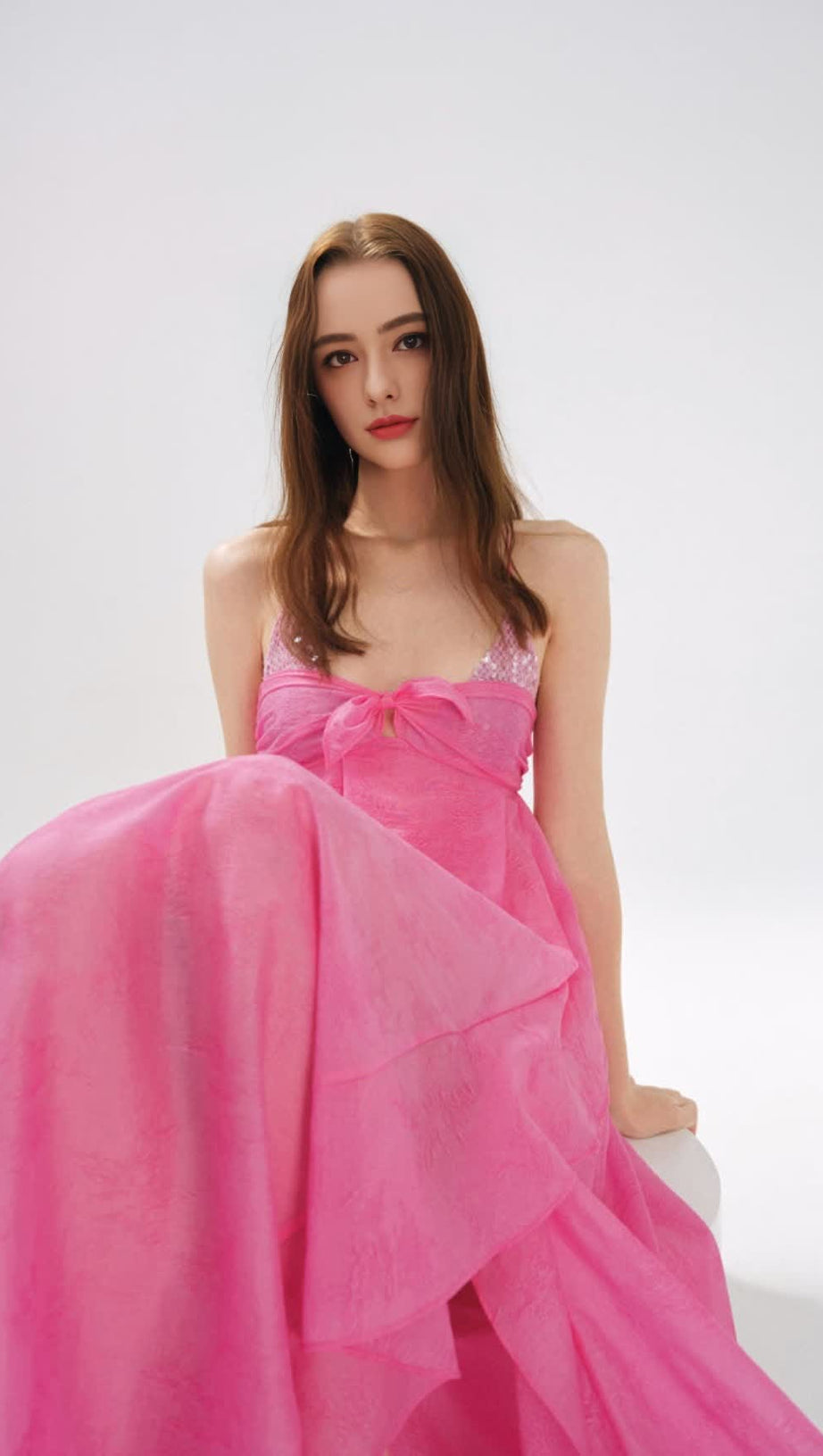 ROSE JACQUARD PATCHWORK ASYMMETRIC RUFFLE TAILORED DRESS