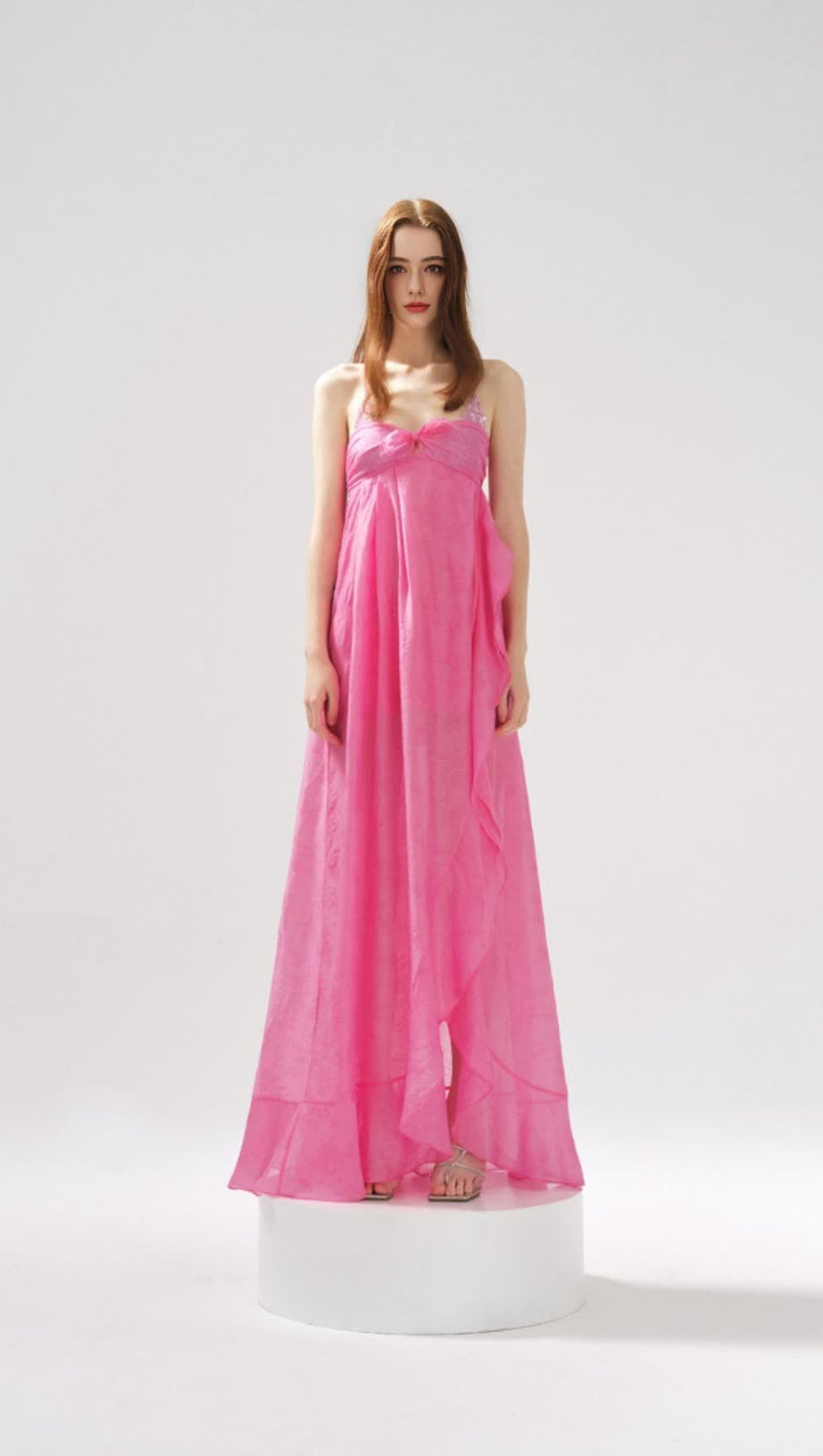 ROSE JACQUARD PATCHWORK ASYMMETRIC RUFFLE TAILORED DRESS