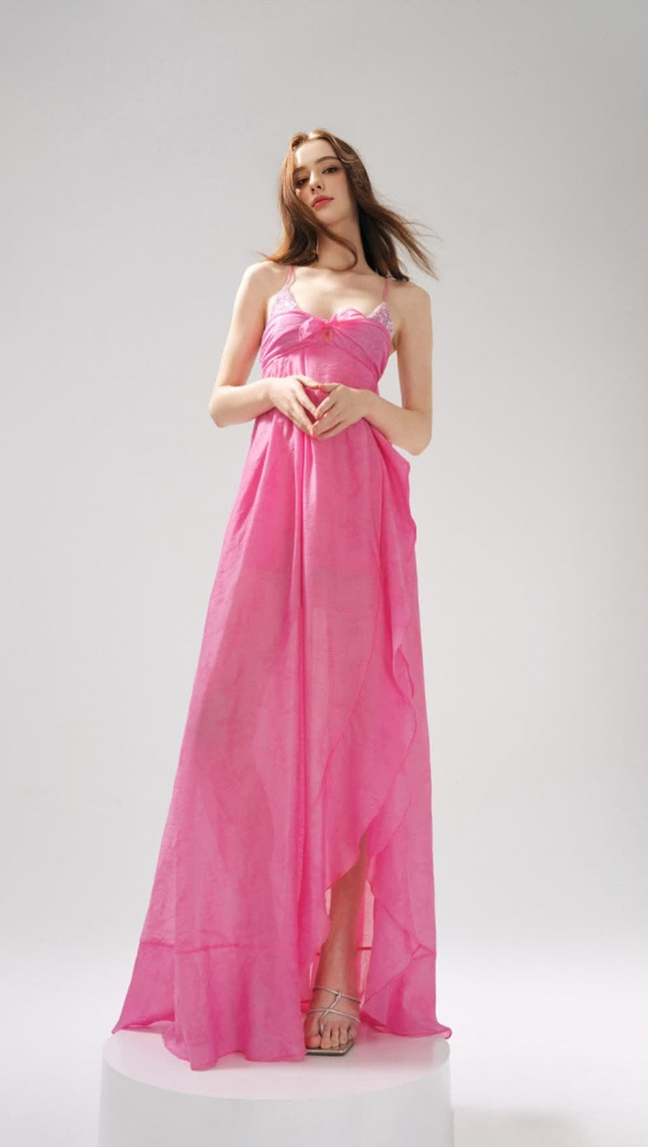 ROSE JACQUARD PATCHWORK ASYMMETRIC RUFFLE TAILORED DRESS