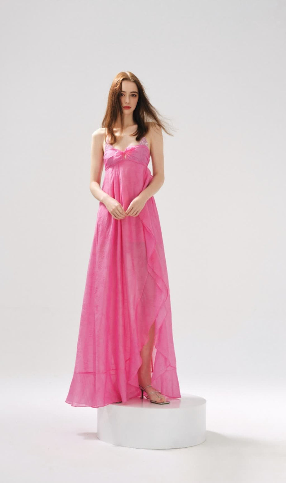 Rosa Jacquard Patchwork Asymmetrisches Kleid mit Rüschen