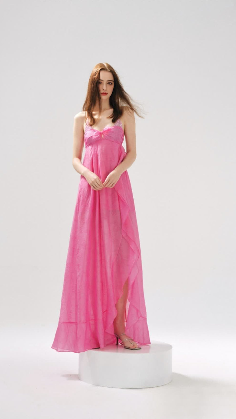 ROSE JACQUARD PATCHWORK ASYMMETRIC RUFFLE TAILORED DRESS