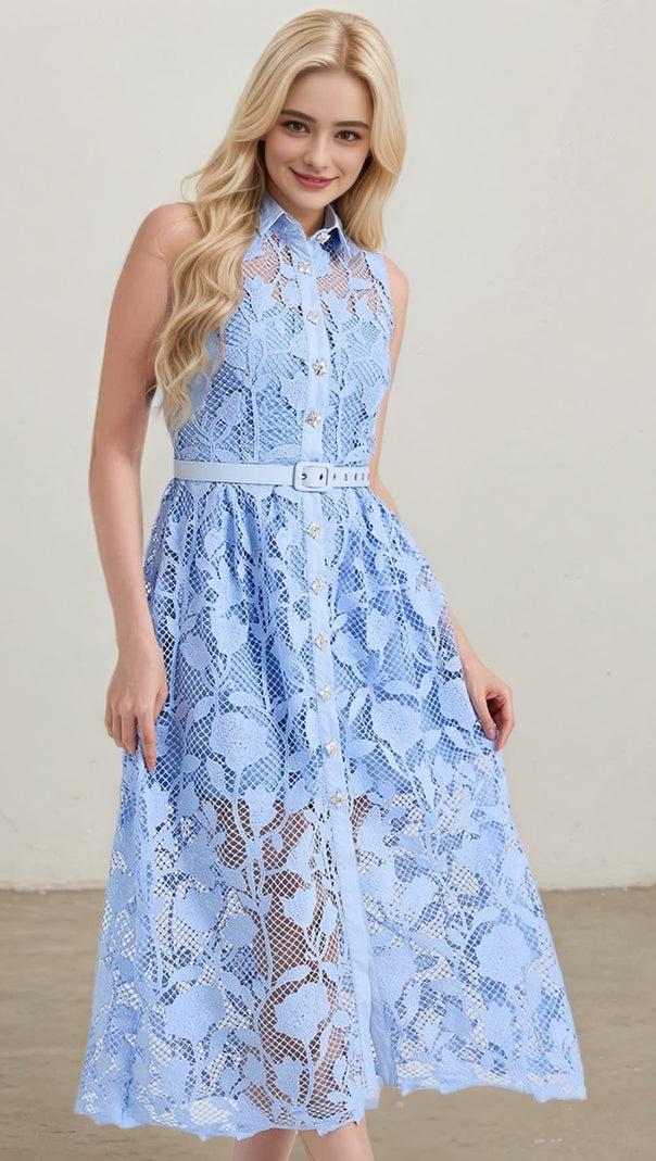 AIIZIE NECKLINE SLEEVELESS PINCHED WAIST MIDI DRESS IN BLUE - product image