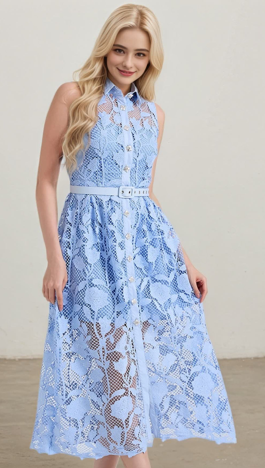 NECKLINE SLEEVELESS PINCHED WAIST MIDI DRESS IN BLUE