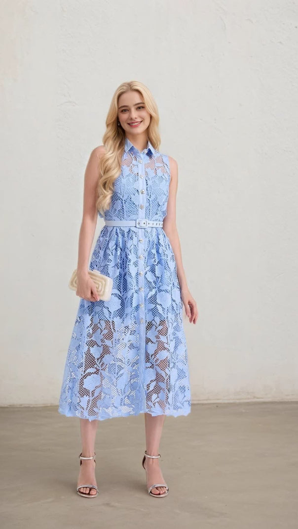 AIIZIE NECKLINE SLEEVELESS PINCHED WAIST MIDI DRESS IN BLUE - product image