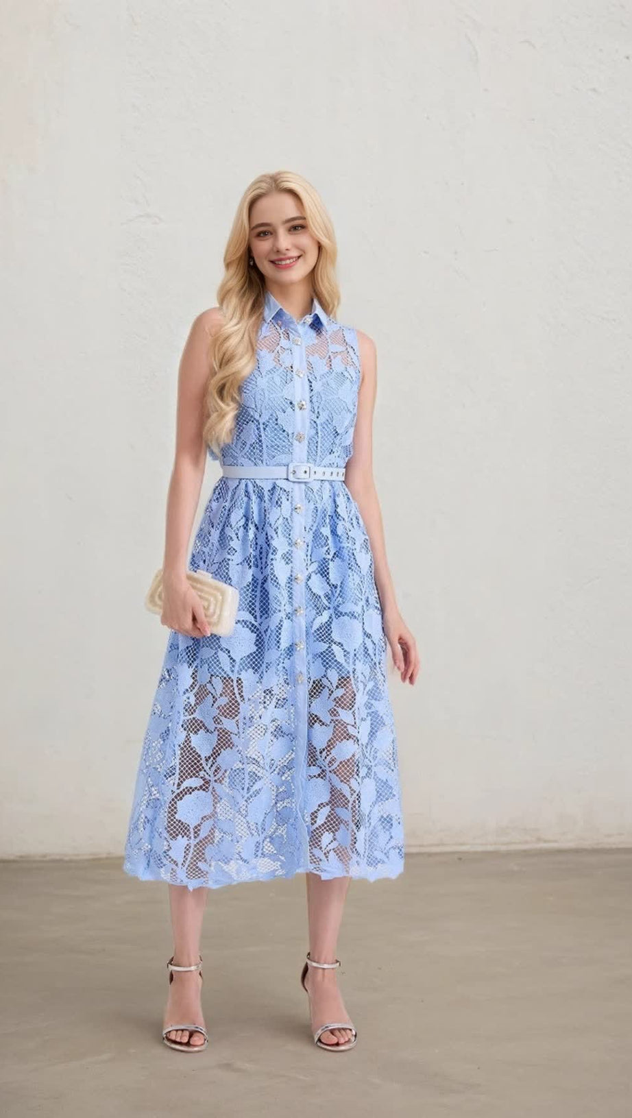 NECKLINE SLEEVELESS PINCHED WAIST MIDI DRESS IN BLUE