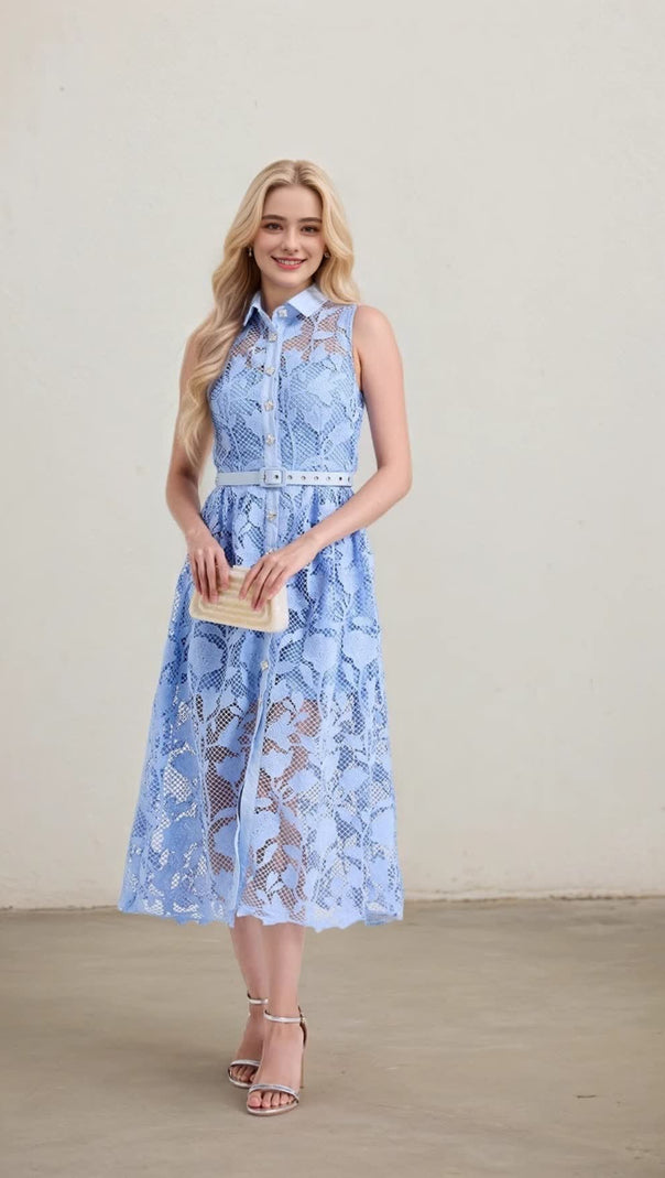 AIIZIE NECKLINE SLEEVELESS PINCHED WAIST MIDI DRESS IN BLUE - product image