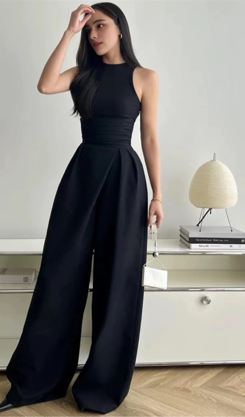 VEST HIGH WAIST WIDE LEG LONG SKIRT SUIT IN BLACK