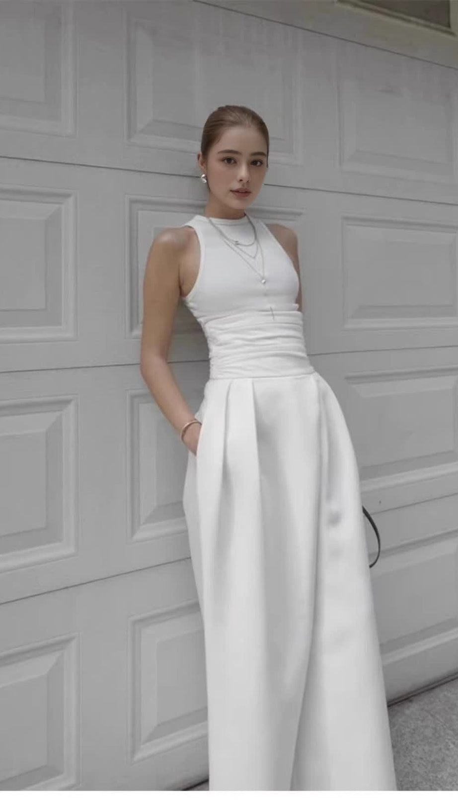 VEST HIGH WAIST WIDE LEG LONG SKIRT SUIT IN WHITE