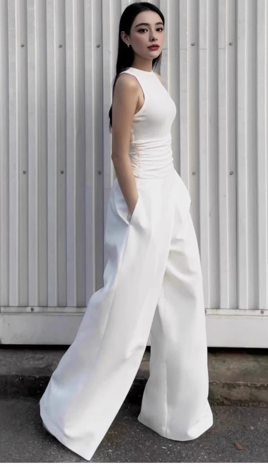 VEST HIGH WAIST WIDE LEG LONG SKIRT SUIT IN WHITE